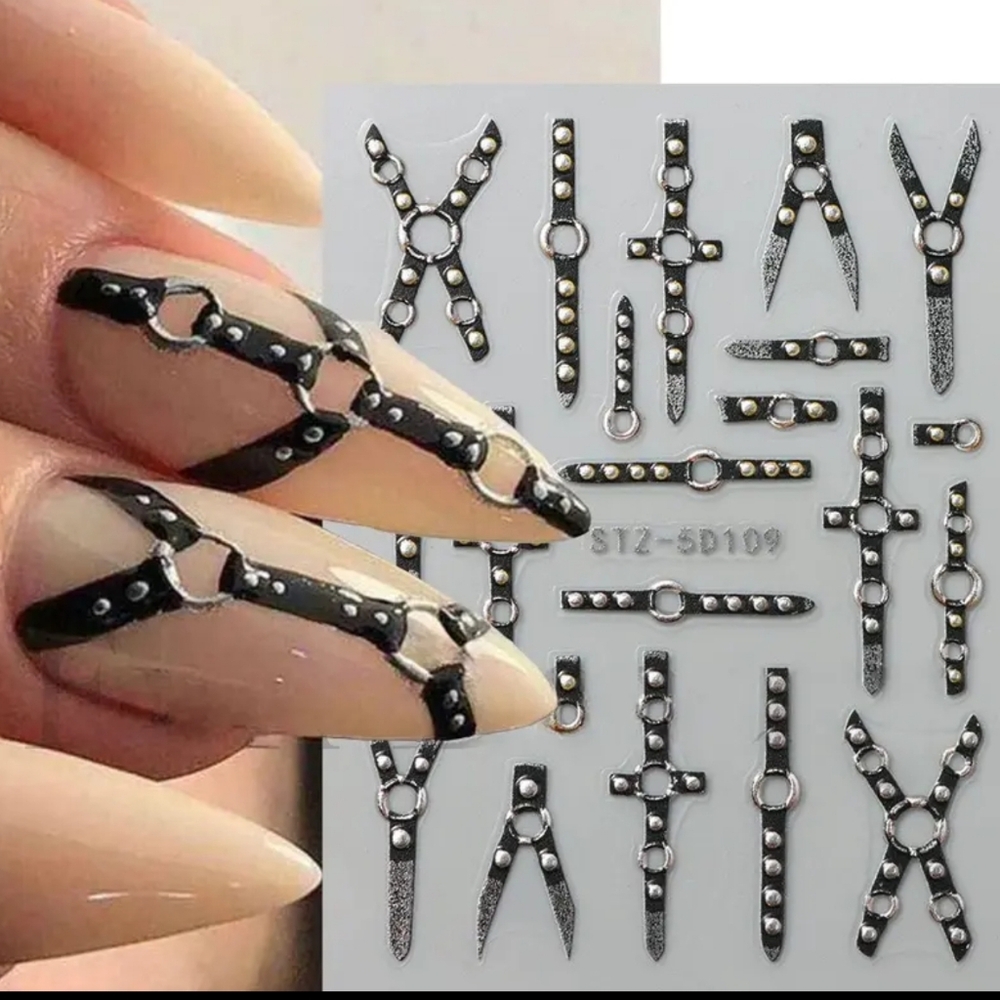 Cyber Y2K Grunge Nail Art Decals – Metallic Silver Rivet & Chain Designs